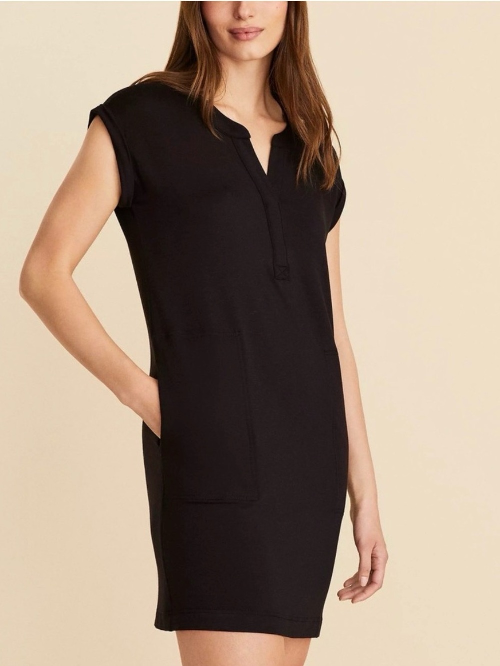 Lou & Grey Black V Neck Short Sleeve Tunic Dress With Pockets Size SMALL